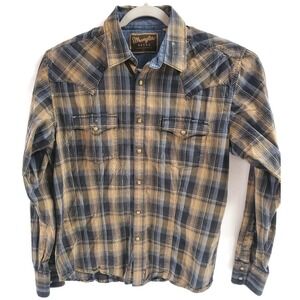 Wrangler Retro Shirt Mens Medium Blue Yellow Plaid Western Pearl Snap MVR165M